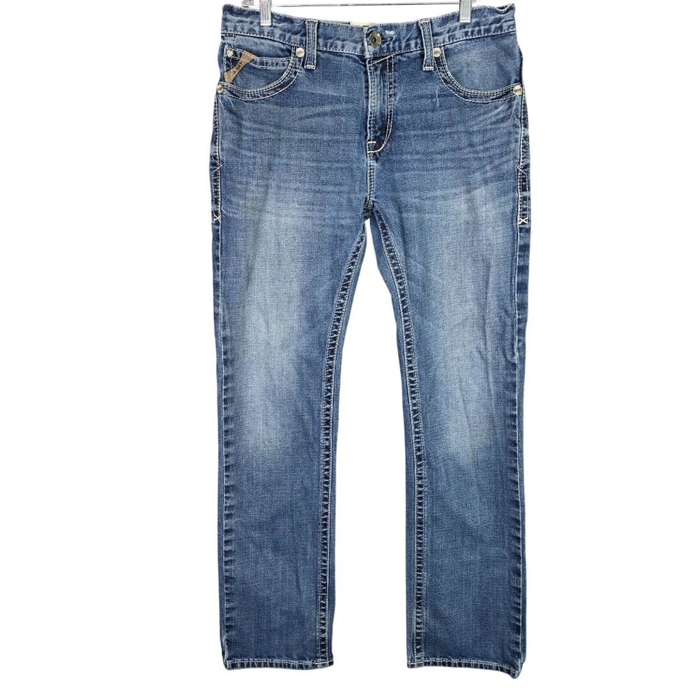 Mens Ariat Slim Fit Straight Leg Blue Denim Jeans Distressed Cotton Blend 34X34